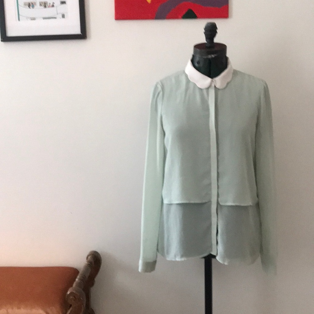 Mint Button Down Blouse with Scalloped Collar